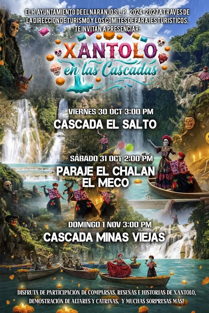 Xantolo en las Cascadas 2026 en El Naranjo: comparsas en El Salto, El Chalán y Minas Viejas